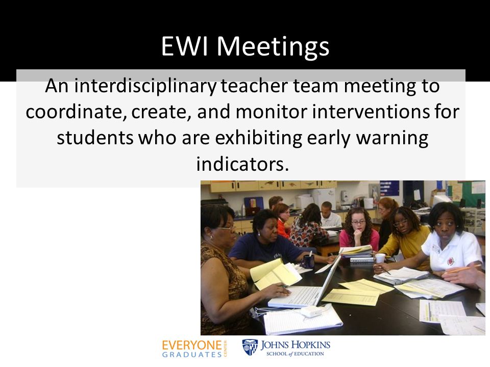 EWI Meetings An interdisciplinary teacher team meeting to coordinate, create, and monitor interventions for students who are exhibiting early warning indicators.