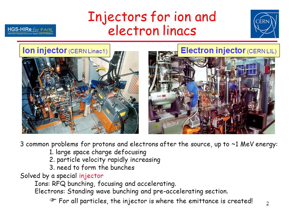 2 Injectors for ion and electron linacs Ion injector (CERN Linac1) Electron injector (CERN LIL) 3 common problems for protons and electrons after the source, up to ~1 MeV energy: 1.