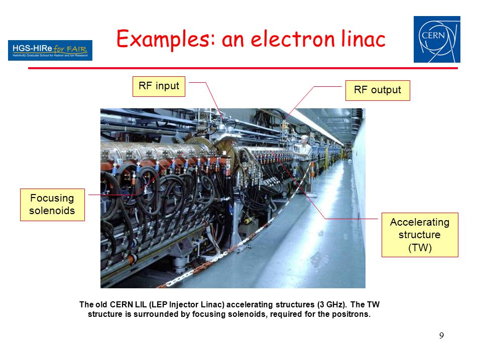 9 Examples: an electron linac RF input RF output Accelerating structure (TW) Focusing solenoids The old CERN LIL (LEP Injector Linac) accelerating structures (3 GHz).