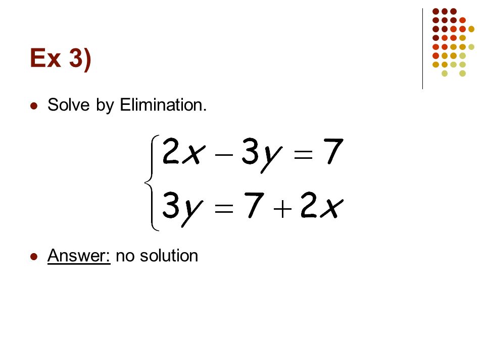 Ex 3) Solve by Elimination. Answer: no solution