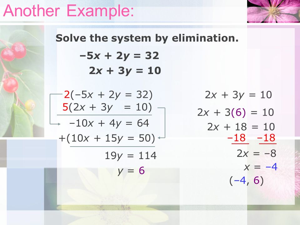 –5x + 2y = 32 2x + 3y = 10 Solve the system by elimination.