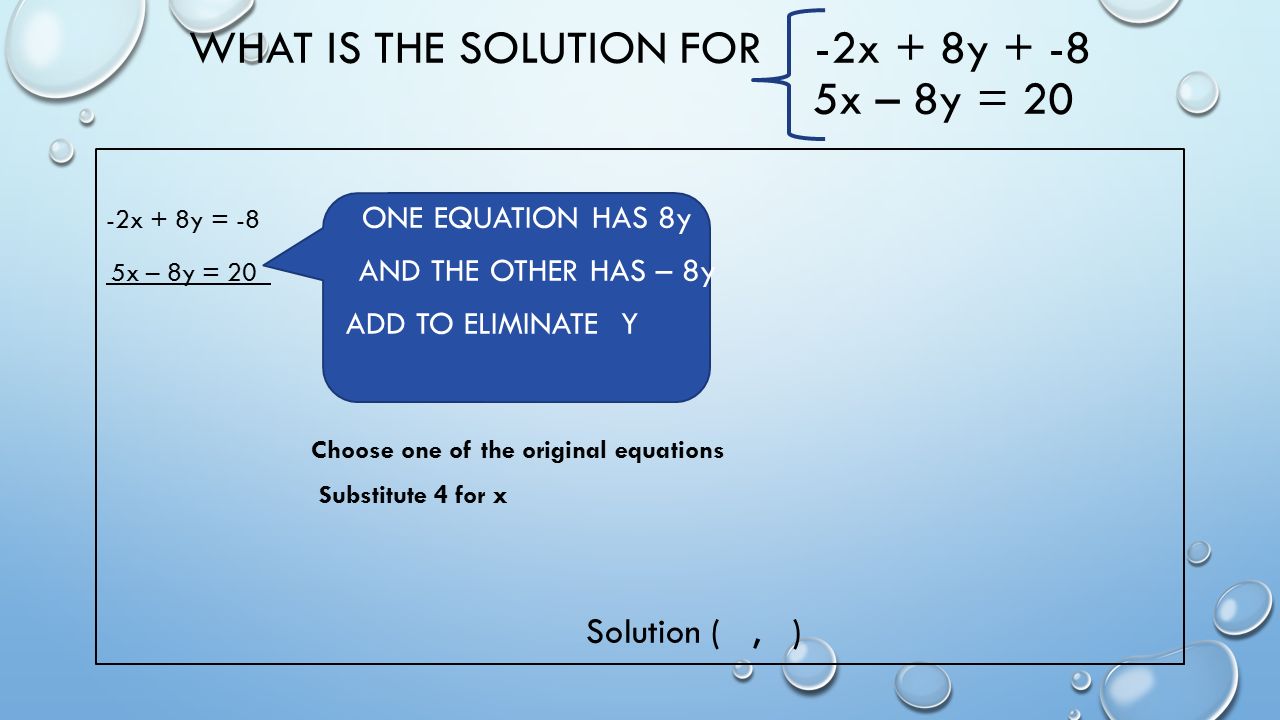 -2x + 8y = -8 ONE EQUATION HAS 8y 5x – 8y = 20 AND THE OTHER HAS – 8y ADD TO ELIMINATE Y Choose one of the original equations Substitute 4 for x Solution (, ) WHAT IS THE SOLUTION FOR -2x + 8y x – 8y = 20
