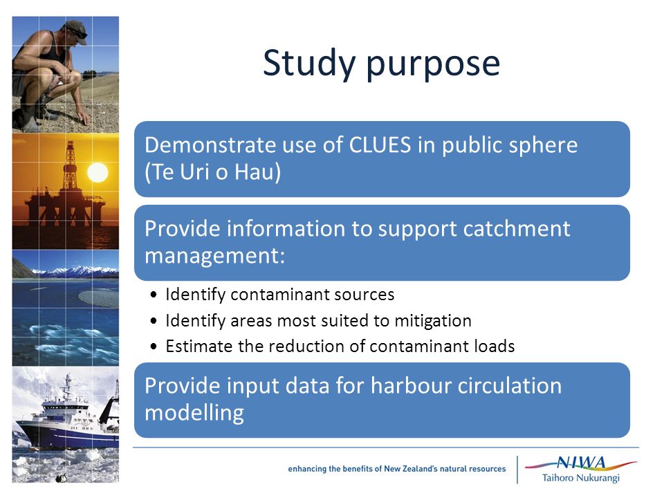 Study purpose Demonstrate use of CLUES in public sphere (Te Uri o Hau) Provide information to support catchment management: Identify contaminant sources Identify areas most suited to mitigation Estimate the reduction of contaminant loads Provide input data for harbour circulation modelling