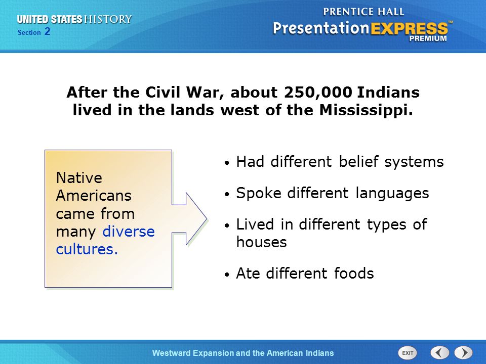 Chapter 25 Section 1 The Cold War BeginsWestward Expansion and the American Indians Section 2 After the Civil War, about 250,000 Indians lived in the lands west of the Mississippi.