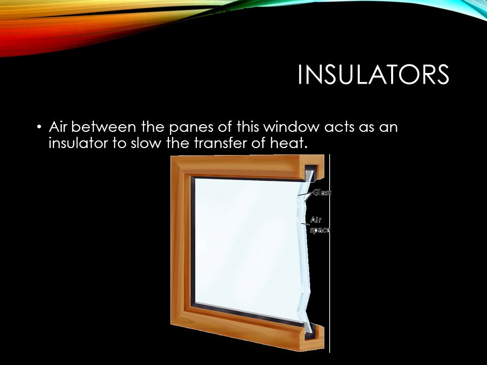 - The Transfer of Heat INSULATORS Air between the panes of this window acts as an insulator to slow the transfer of heat.