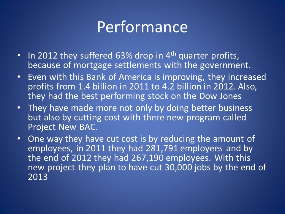 Performance In 2012 they suffered 63% drop in 4 th quarter profits, because of mortgage settlements with the government.