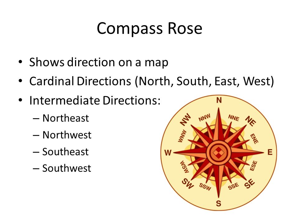 Compass Rose Shows direction on a map Cardinal Directions (North, South, East, West) Intermediate Directions: – Northeast – Northwest – Southeast – Southwest
