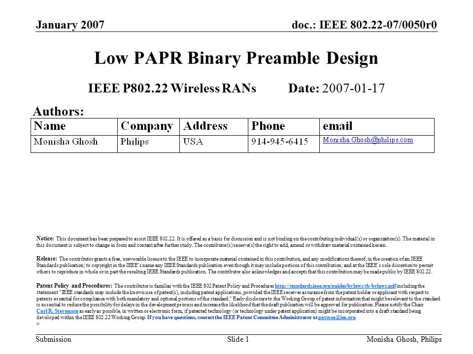 doc.: IEEE /0050r0 Submission January 2007 Monisha Ghosh, PhilipsSlide 1 Low PAPR Binary Preamble Design IEEE P Wireless RANs Date: Authors: Notice: This document has been prepared to assist IEEE