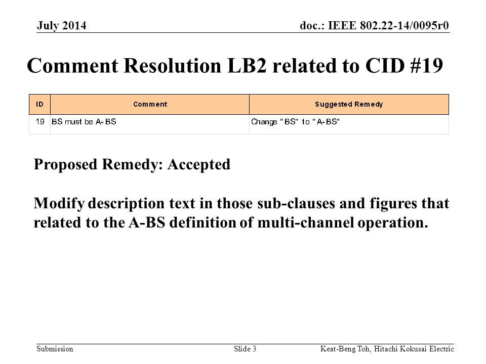 doc.: IEEE /0095r0 Submission July 2014 Keat-Beng Toh, Hitachi Kokusai ElectricSlide 3 Comment Resolution LB2 related to CID #19 Proposed Remedy: Accepted Modify description text in those sub-clauses and figures that related to the A-BS definition of multi-channel operation.