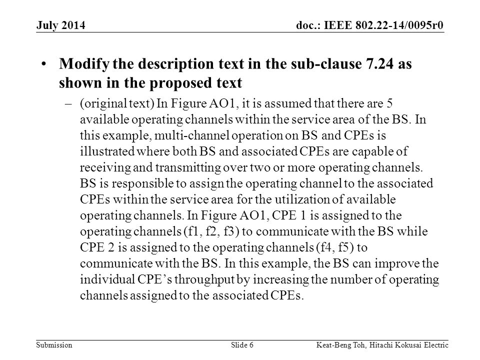 doc.: IEEE /0095r0 Submission July 2014 Keat-Beng Toh, Hitachi Kokusai ElectricSlide 6 Modify the description text in the sub-clause 7.24 as shown in the proposed text –(original text) In Figure AO1, it is assumed that there are 5 available operating channels within the service area of the BS.