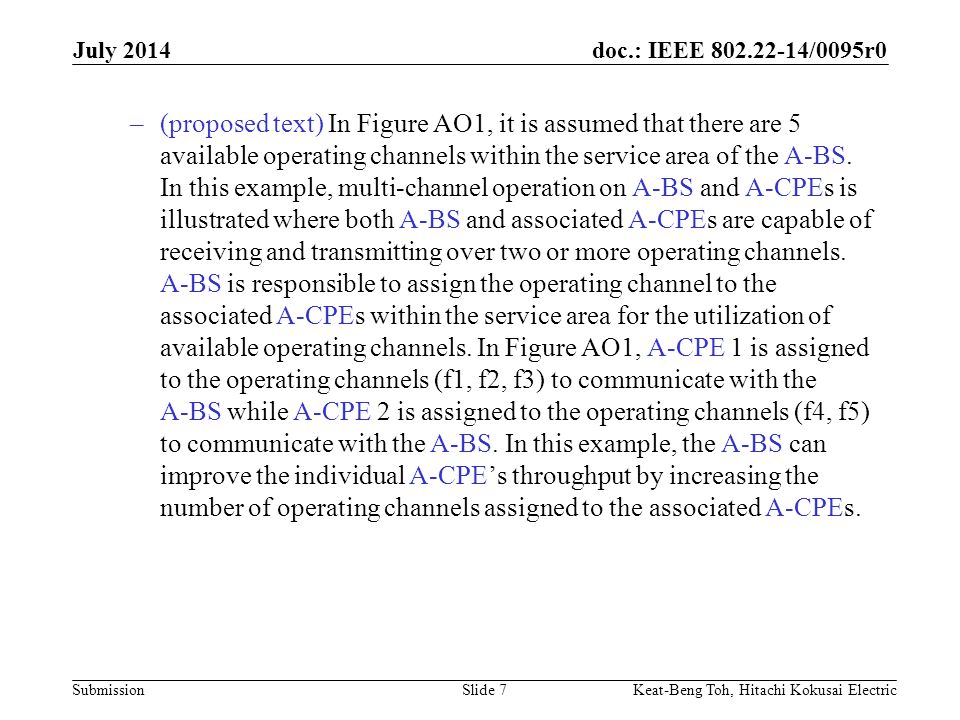 doc.: IEEE /0095r0 Submission July 2014 Keat-Beng Toh, Hitachi Kokusai ElectricSlide 7 –(proposed text) In Figure AO1, it is assumed that there are 5 available operating channels within the service area of the A-BS.