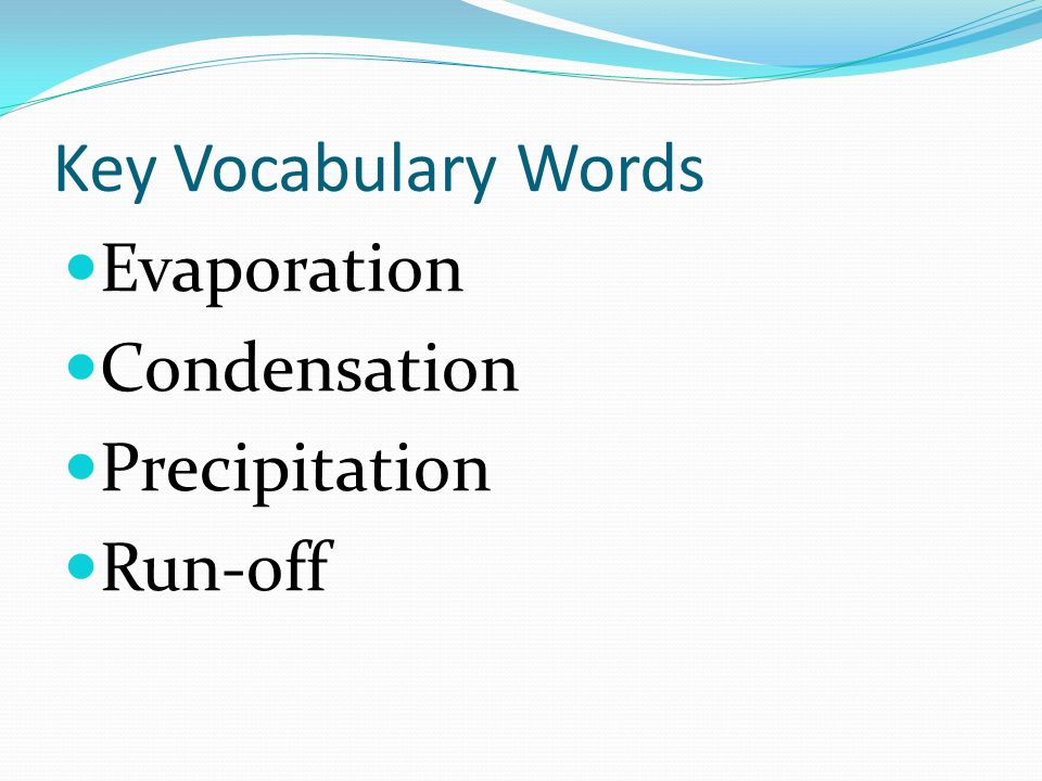 Key Vocabulary Words Evaporation Condensation Precipitation Run-off