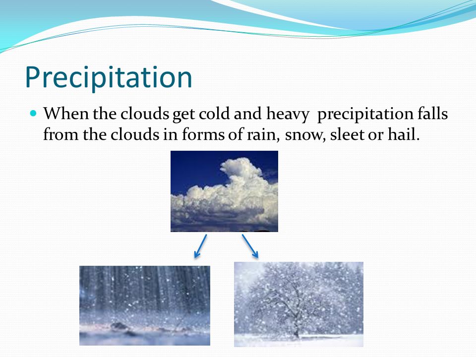Precipitation When the clouds get cold and heavy precipitation falls from the clouds in forms of rain, snow, sleet or hail.