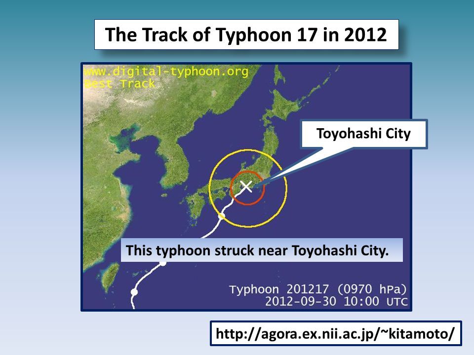 The Track of Typhoon 17 in Toyohashi City This typhoon struck near Toyohashi City.