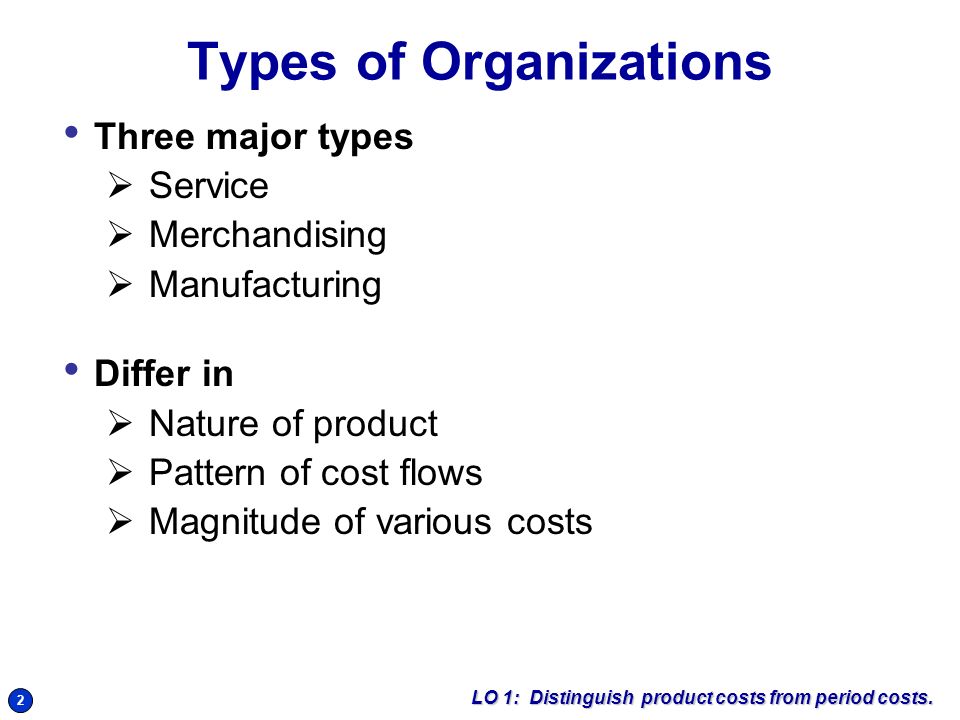 2 Types of Organizations Three major types  Service  Merchandising  Manufacturing Differ in  Nature of product  Pattern of cost flows  Magnitude of various costs LO 1: Distinguish product costs from period costs.