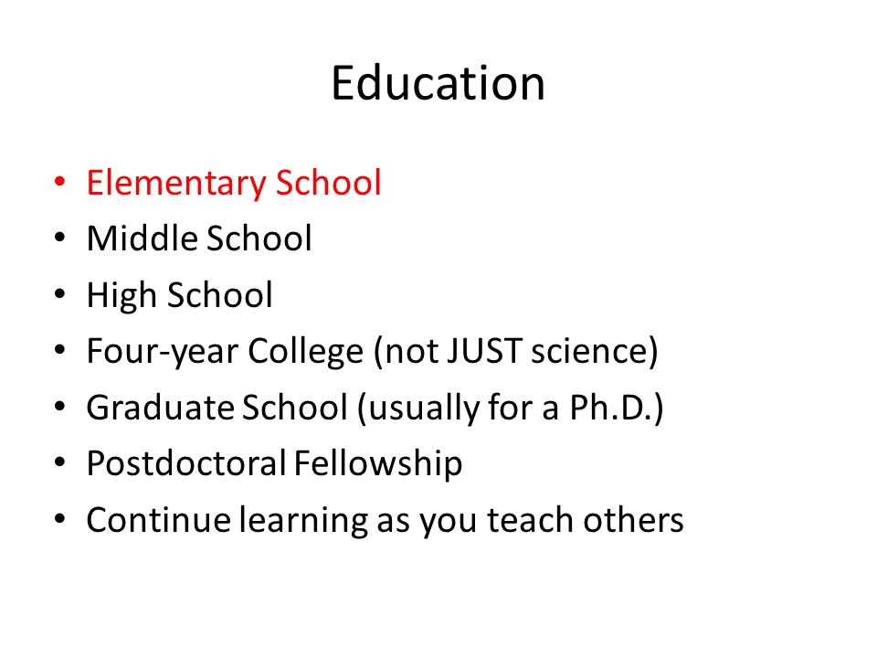 Education Elementary School Middle School High School Four-year College (not JUST science) Graduate School (usually for a Ph.D.) Postdoctoral Fellowship Continue learning as you teach others