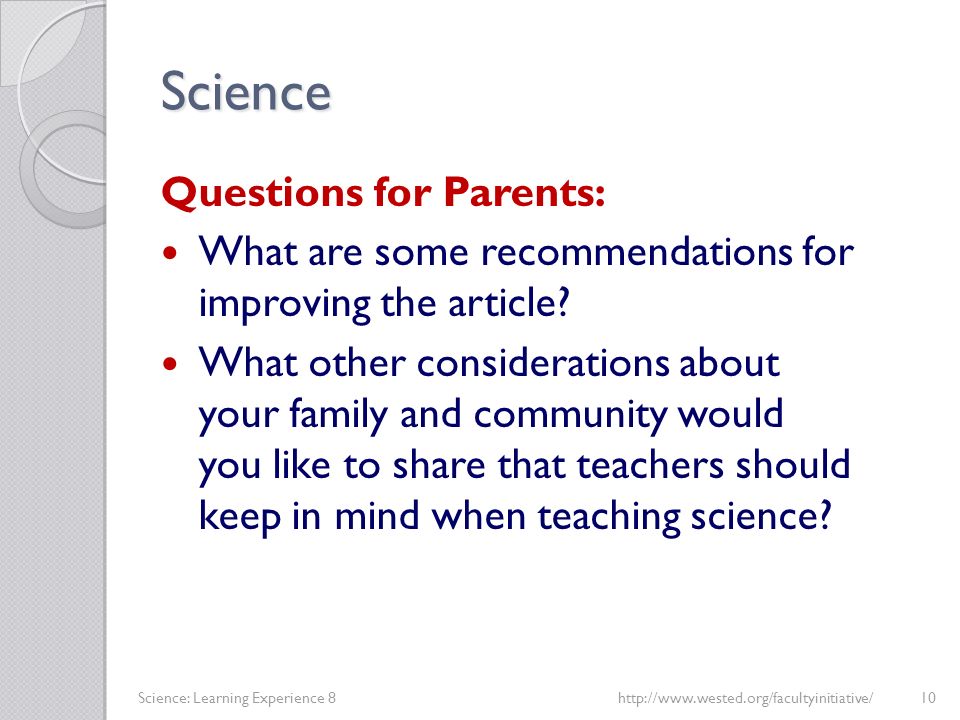 Science Questions for Parents: What are some recommendations for improving the article.