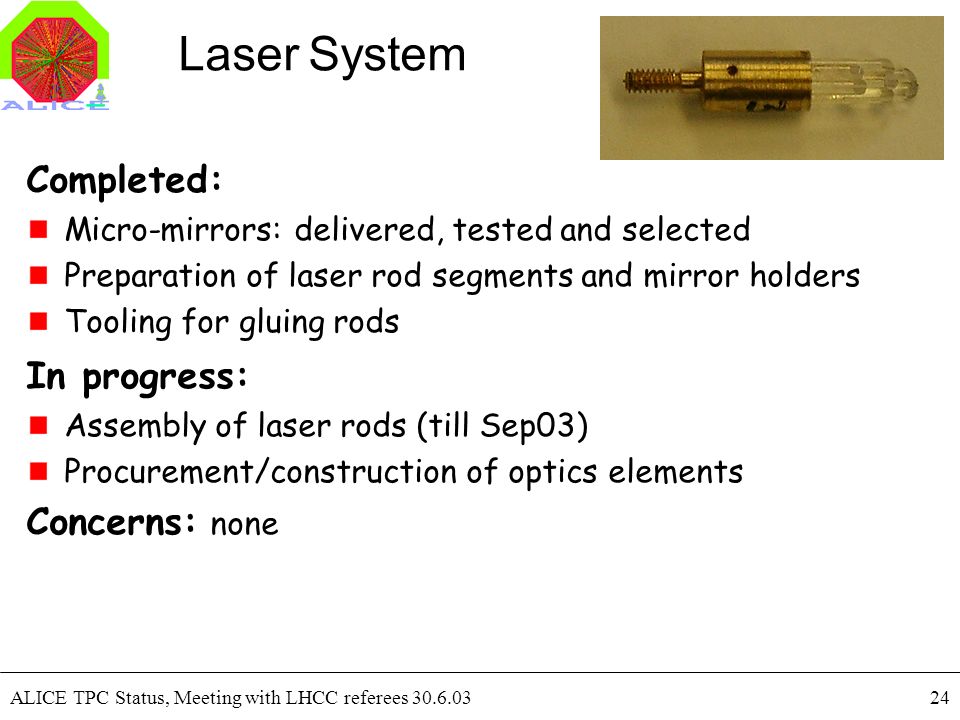 ALICE TPC Status, Meeting with LHCC referees Laser System Completed: Micro-mirrors: delivered, tested and selected Preparation of laser rod segments and mirror holders Tooling for gluing rods In progress: Assembly of laser rods (till Sep03) Procurement/construction of optics elements Concerns: none