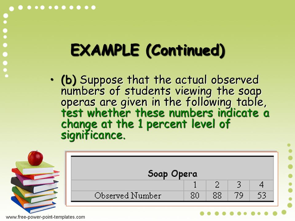 EXAMPLE (Continued) (a) If the viewing pattern has not changed, what number of students is expected to watch each soap opera (a) If the viewing pattern has not changed, what number of students is expected to watch each soap opera.