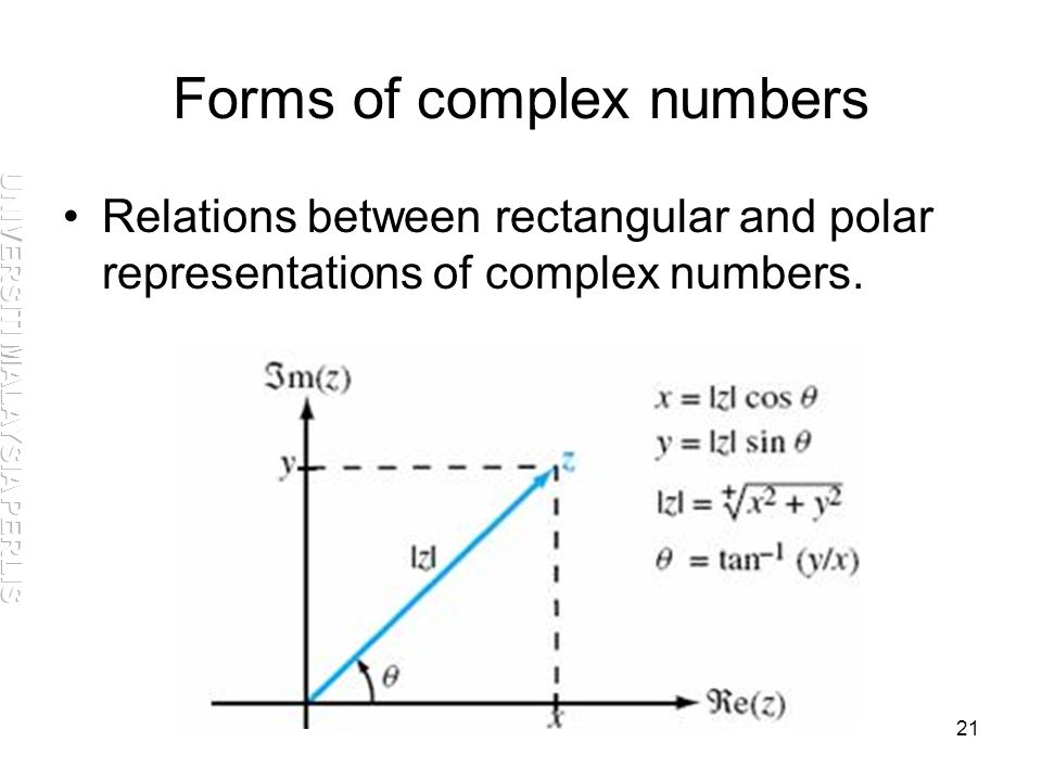 21 Forms of complex numbers Relations between rectangular and polar representations of complex numbers.