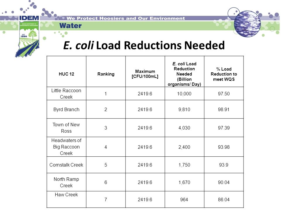 E. coli Load Reductions Needed HUC 12Ranking Maximum [CFU/100mL] E.