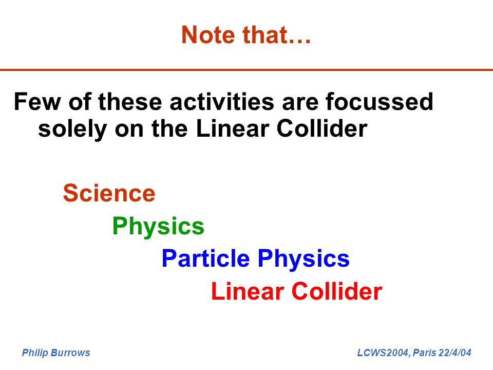 Philip Burrows LCWS2004, Paris 22/4/04 Note that… Few of these activities are focussed solely on the Linear Collider Science Physics Particle Physics Linear Collider