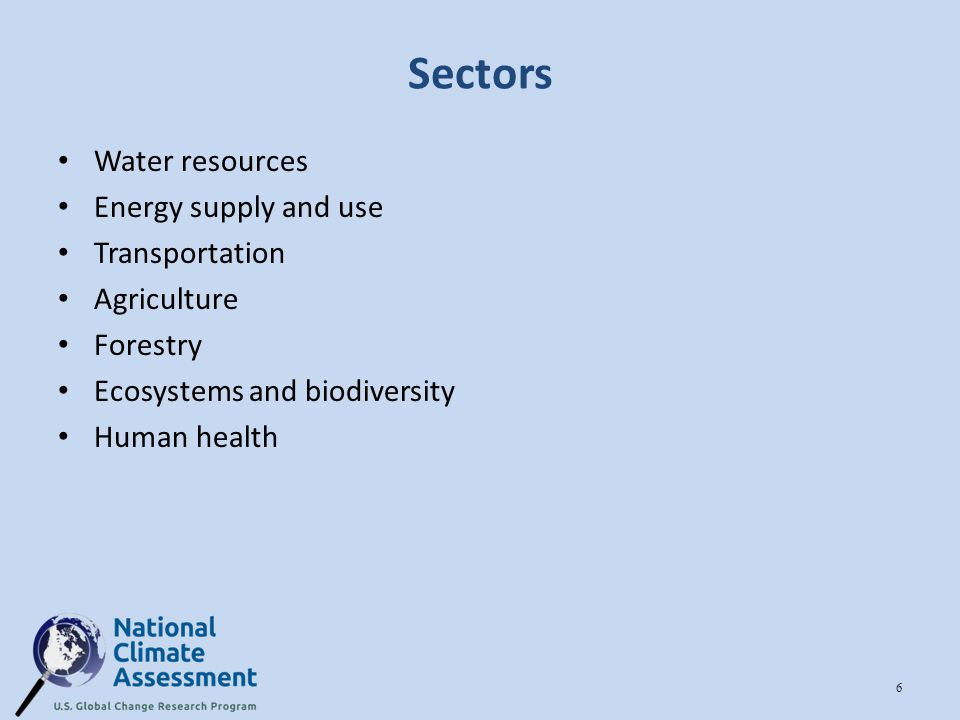 Sectors Water resources Energy supply and use Transportation Agriculture Forestry Ecosystems and biodiversity Human health 6