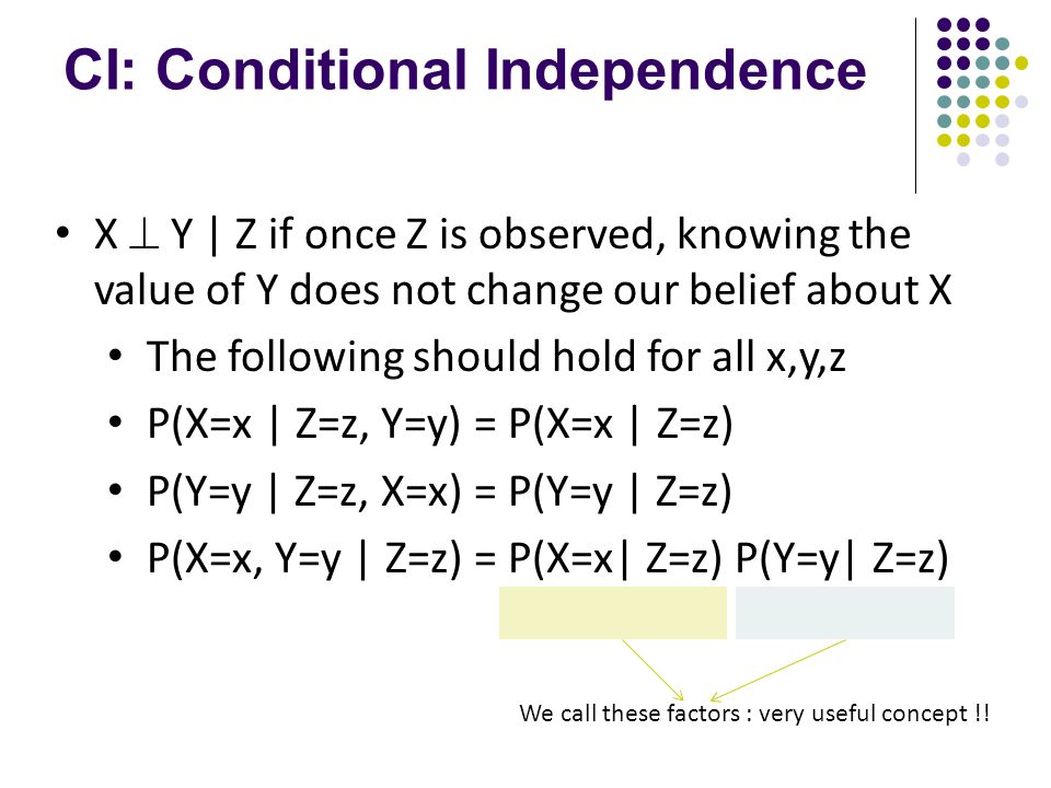 CI: Conditional Independence X  Y | Z if once Z is observed, knowing the value of Y does not change our belief about X The following should hold for all x,y,z P(X=x | Z=z, Y=y) = P(X=x | Z=z) P(Y=y | Z=z, X=x) = P(Y=y | Z=z) P(X=x, Y=y | Z=z) = P(X=x| Z=z) P(Y=y| Z=z) We call these factors : very useful concept !!