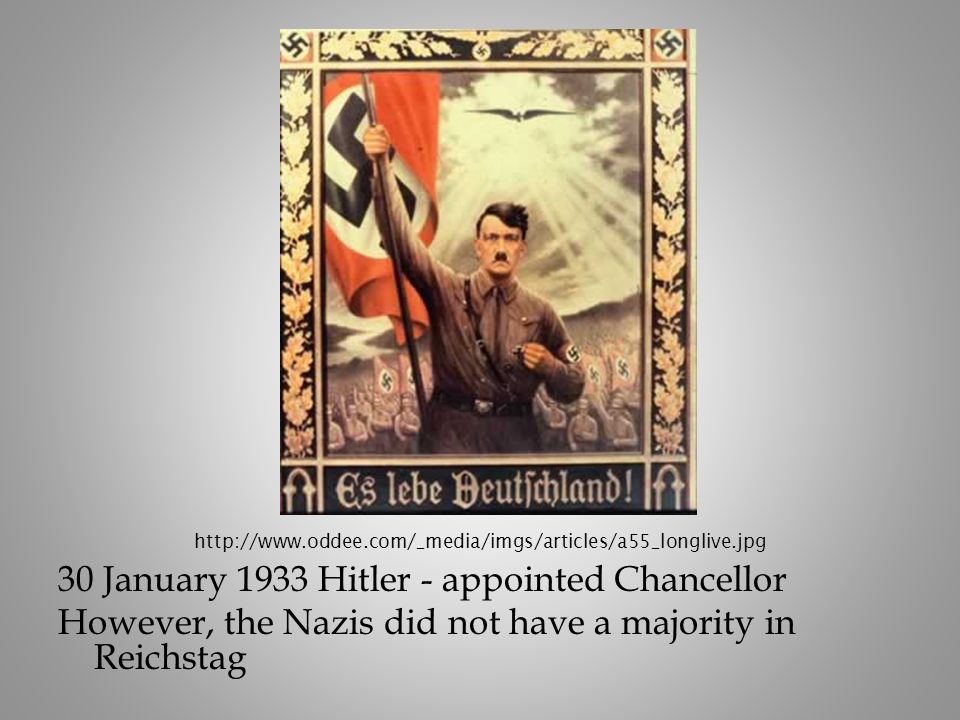 30 January 1933 Hitler - appointed Chancellor However, the Nazis did not have a majority in Reichstag
