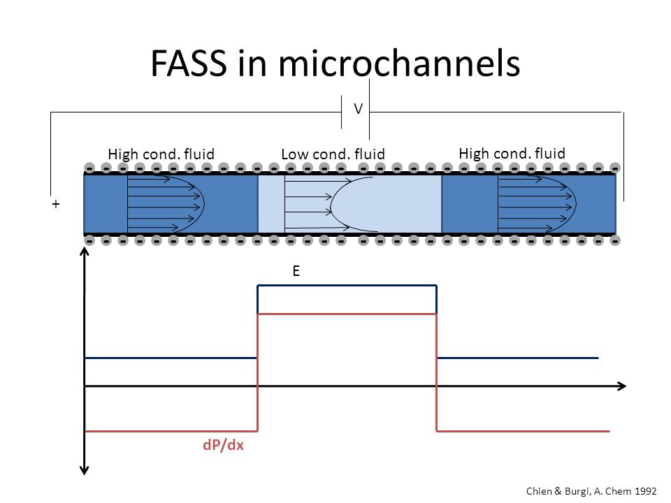 FASS in microchannels Low cond. fluid High cond. fluid V E + Chien & Burgi, A. Chem 1992 dP/dx
