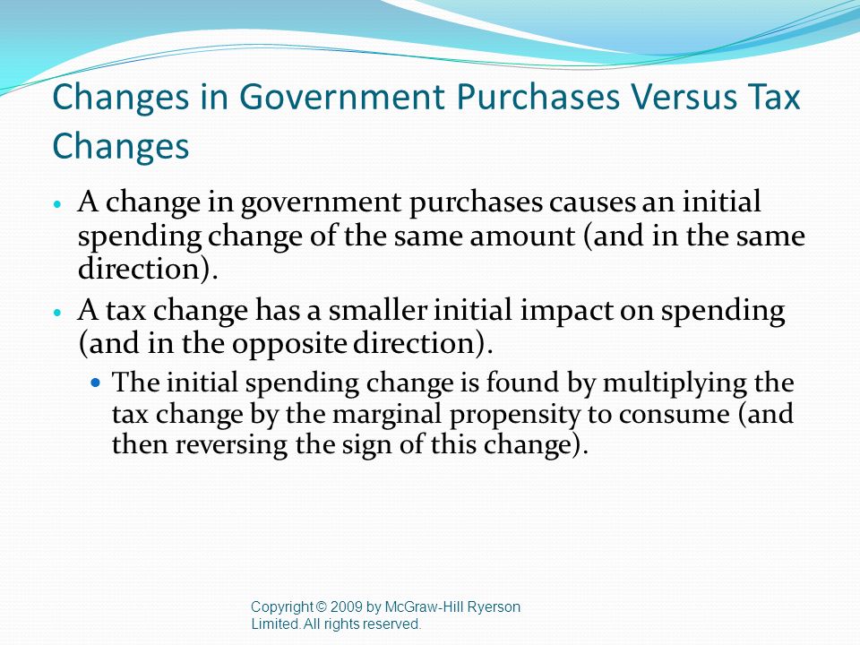 Changes in Government Purchases Versus Tax Changes A change in government purchases causes an initial spending change of the same amount (and in the same direction).