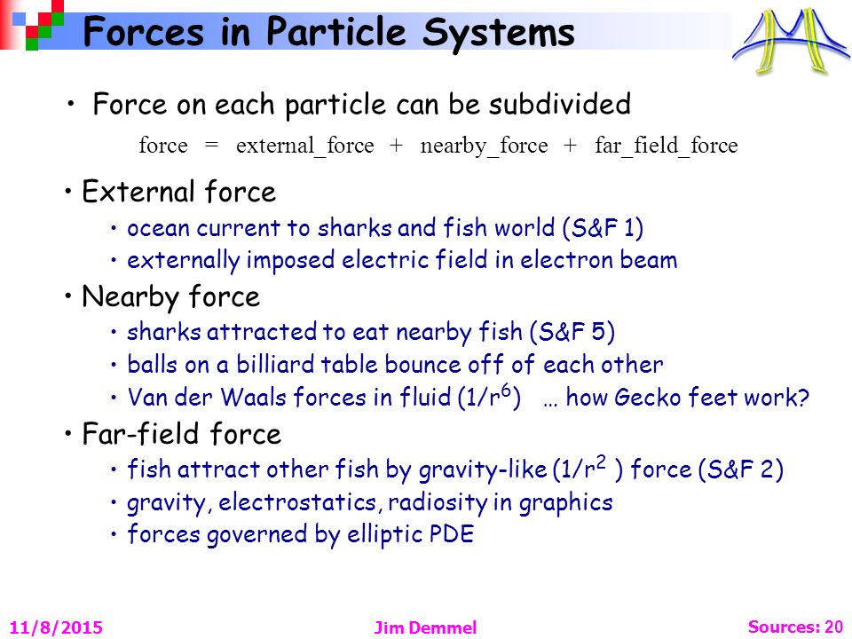 Sources: 20 Forces in Particle Systems Force on each particle can be subdivided External force ocean current to sharks and fish world (S&F 1) externally imposed electric field in electron beam Nearby force sharks attracted to eat nearby fish (S&F 5) balls on a billiard table bounce off of each other Van der Waals forces in fluid (1/r 6 ) … how Gecko feet work.