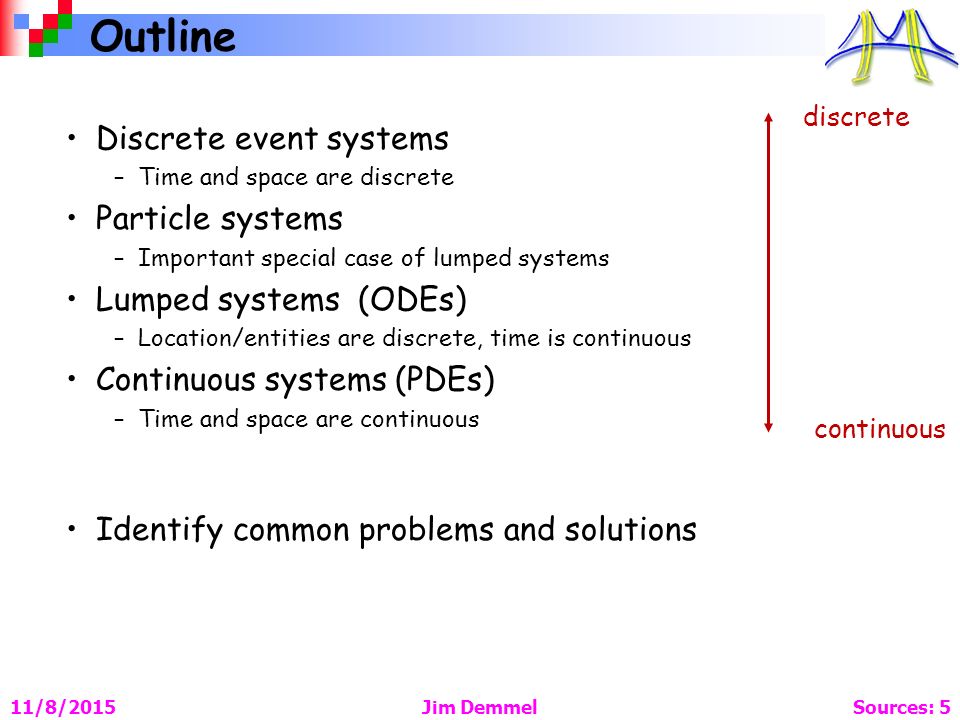 Outline Jim Demmel Sources: 5 11/8/2015 Discrete event systems –Time and space are discrete Particle systems –Important special case of lumped systems Lumped systems (ODEs) –Location/entities are discrete, time is continuous Continuous systems (PDEs) –Time and space are continuous Identify common problems and solutions discrete continuous