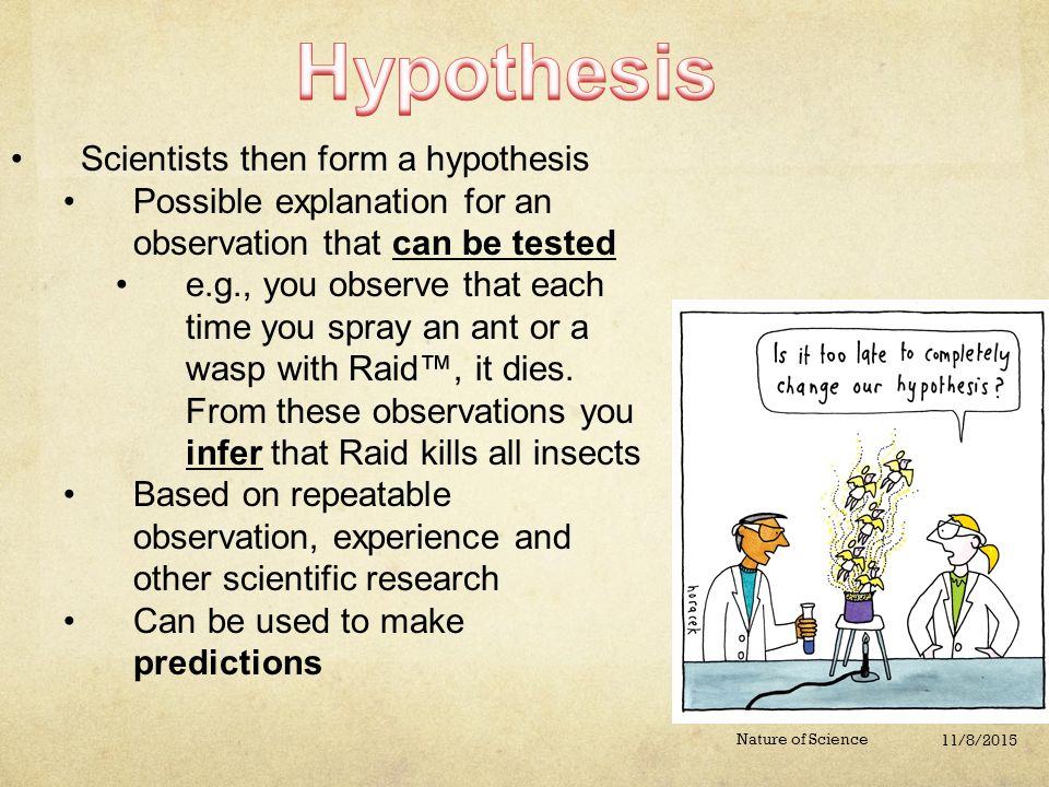 11/8/2015 Nature of Science Scientists then form a hypothesis Possible explanation for an observation that can be tested e.g., you observe that each time you spray an ant or a wasp with Raid™, it dies.