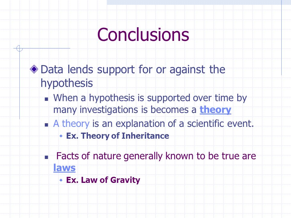 Conclusions Data lends support for or against the hypothesis When a hypothesis is supported over time by many investigations is becomes a theory A theory is an explanation of a scientific event.
