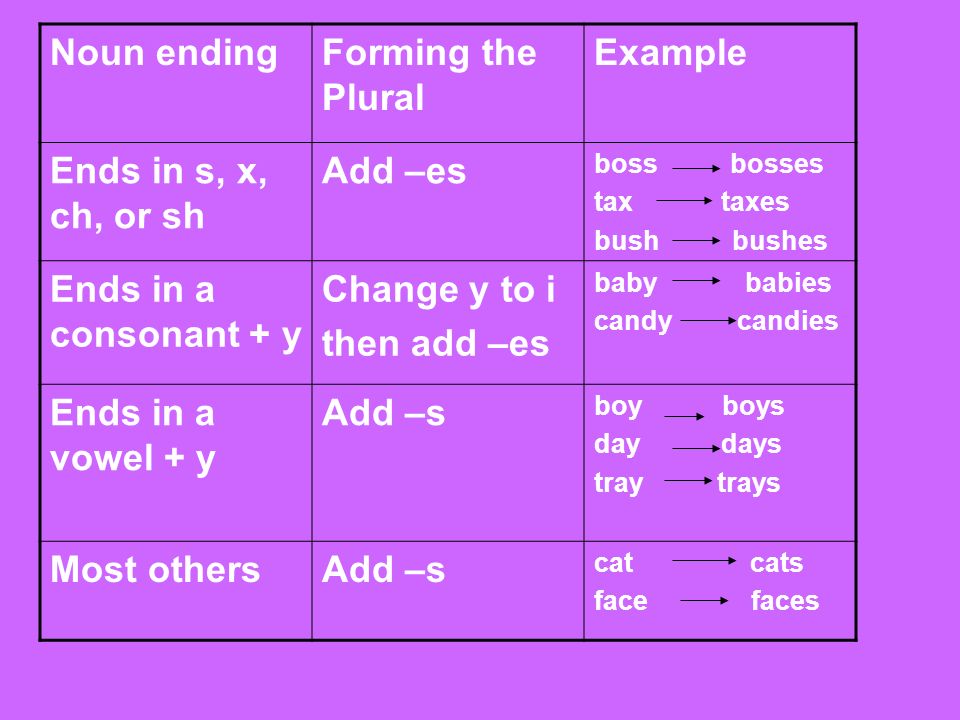 Noun endingForming the Plural Example Ends in s, x, ch, or sh Add –es boss bosses tax taxes bush bushes Ends in a consonant + y Change y to i then add –es baby babies candy candies Ends in a vowel + y Add –s boy boys day days tray trays Most othersAdd –s cat cats face faces