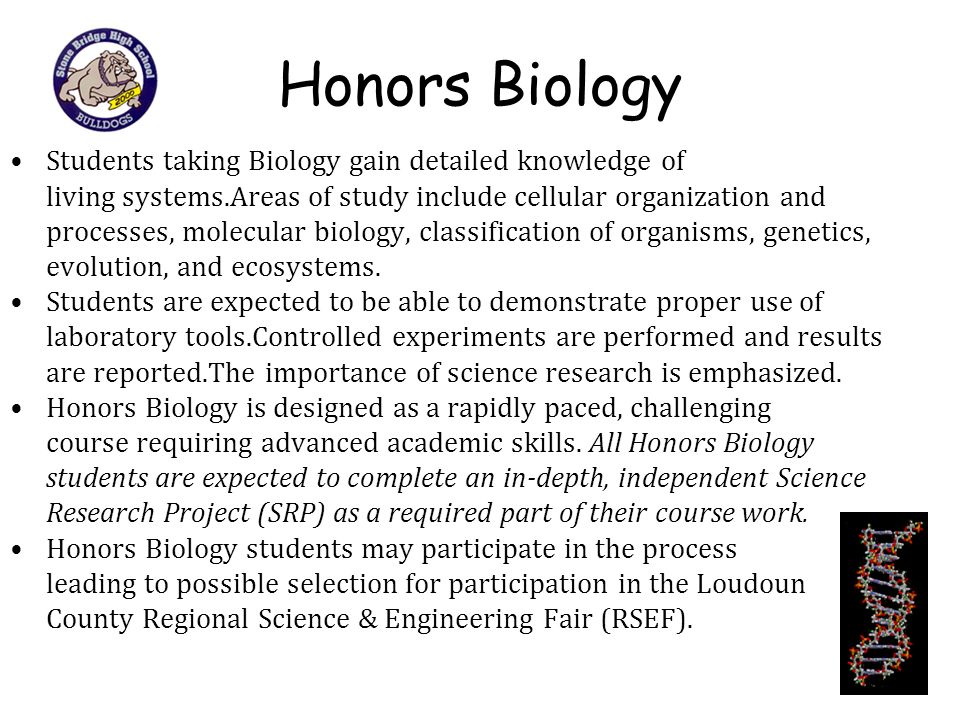 Honors Biology Students taking Biology gain detailed knowledge of living systems.Areas of study include cellular organization and processes, molecular biology, classification of organisms, genetics, evolution, and ecosystems.