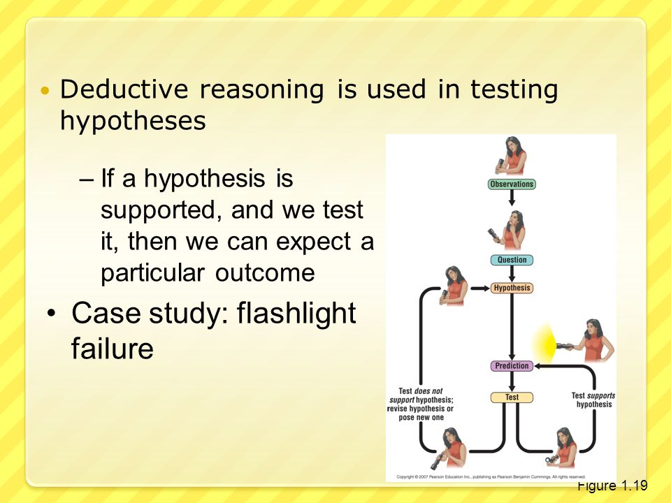 Deductive reasoning is used in testing hypotheses –If a hypothesis is supported, and we test it, then we can expect a particular outcome Case study: flashlight failure Figure 1.19