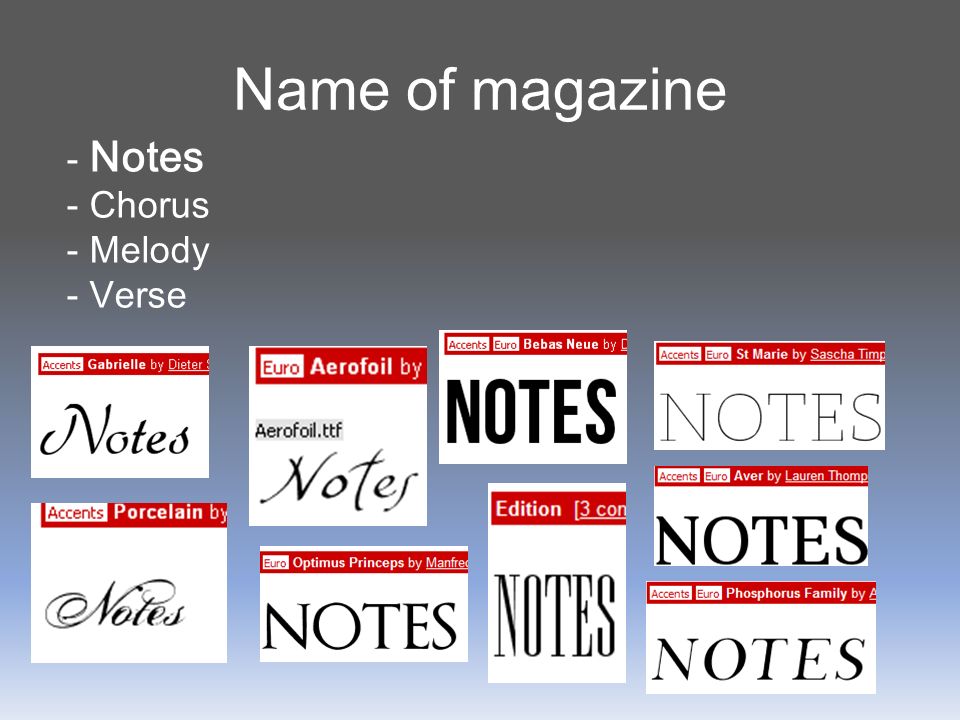Name of magazine - Notes - Chorus - Melody - Verse