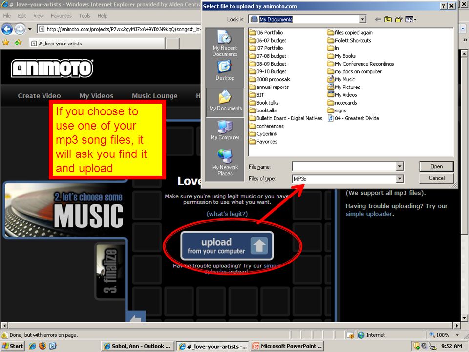 If you choose to use one of your mp3 song files, it will ask you find it and upload