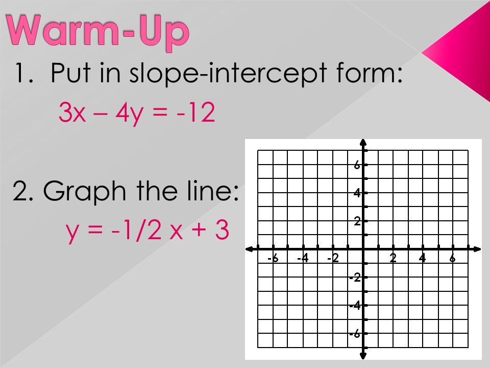 1. Put in slope-intercept form: 3x – 4y = Graph the line: y = -1/2 x + 3