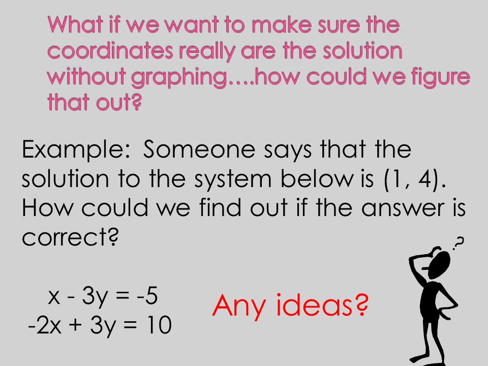 Any ideas. Example: Someone says that the solution to the system below is (1, 4).