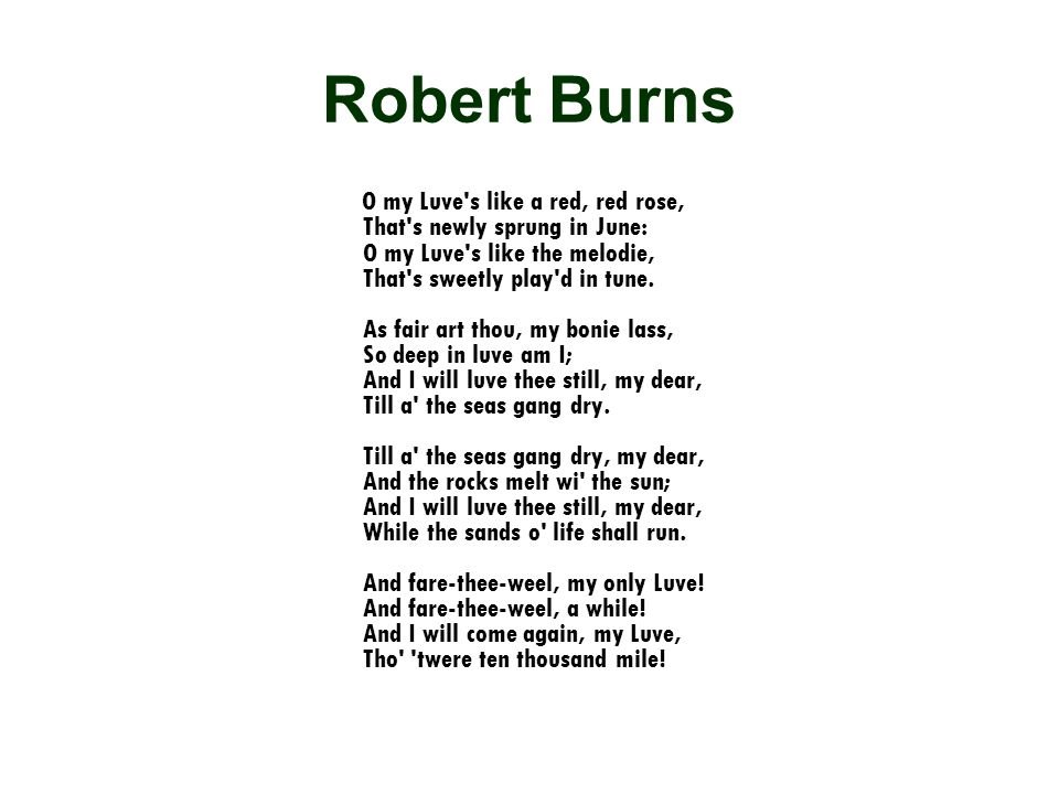 LYRICS. Robert Burns Robert Burns O my Luve's like a red, red rose, That's  newly sprung in June: O my Luve's like the melodie, That's sweetly. - ppt  download