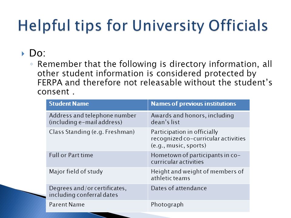  Do: ◦ Remember that the following is directory information, all other student information is considered protected by FERPA and therefore not releasable without the student’s consent.