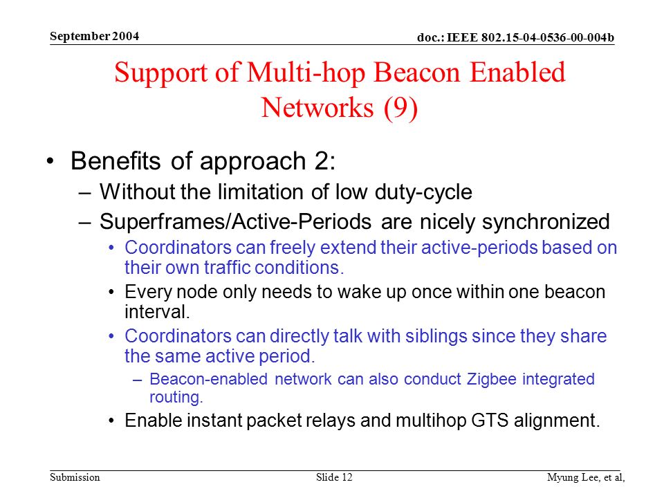 doc.: IEEE b Submission September 2004 Myung Lee, et al,Slide 12 Support of Multi-hop Beacon Enabled Networks (9) Benefits of approach 2: –Without the limitation of low duty-cycle –Superframes/Active-Periods are nicely synchronized Coordinators can freely extend their active-periods based on their own traffic conditions.