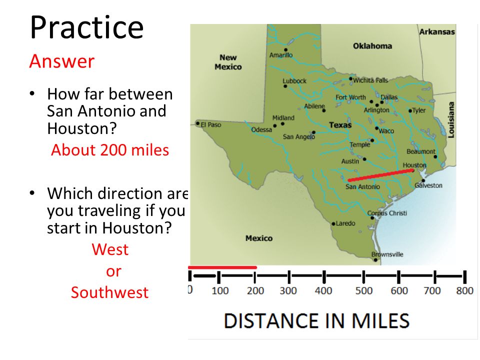 Practice Answer How far between San Antonio and Houston.