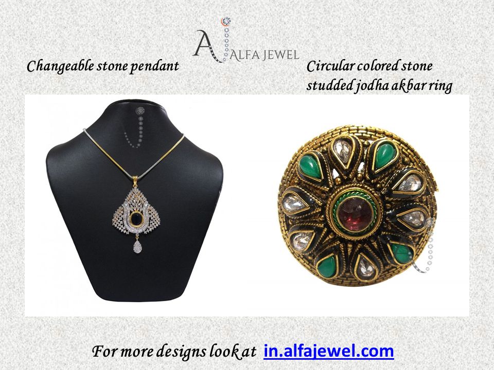 For more designs look at in.alfajewel.com in.alfajewel.com Changeable stone pendantCircular colored stone studded jodha akbar ring