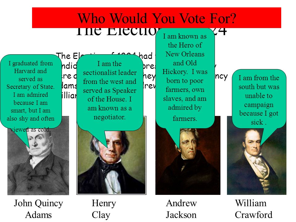 The Election of 1824 The Election of 1824 had four different candidates running for president, and they were all Republicans.