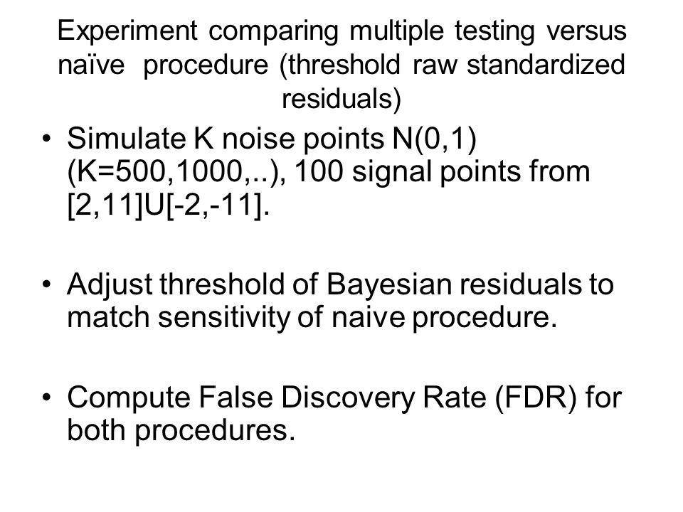 Experiment comparing multiple testing versus naïve procedure (threshold raw standardized residuals) Simulate K noise points N(0,1) (K=500,1000,..), 100 signal points from [2,11]U[-2,-11].