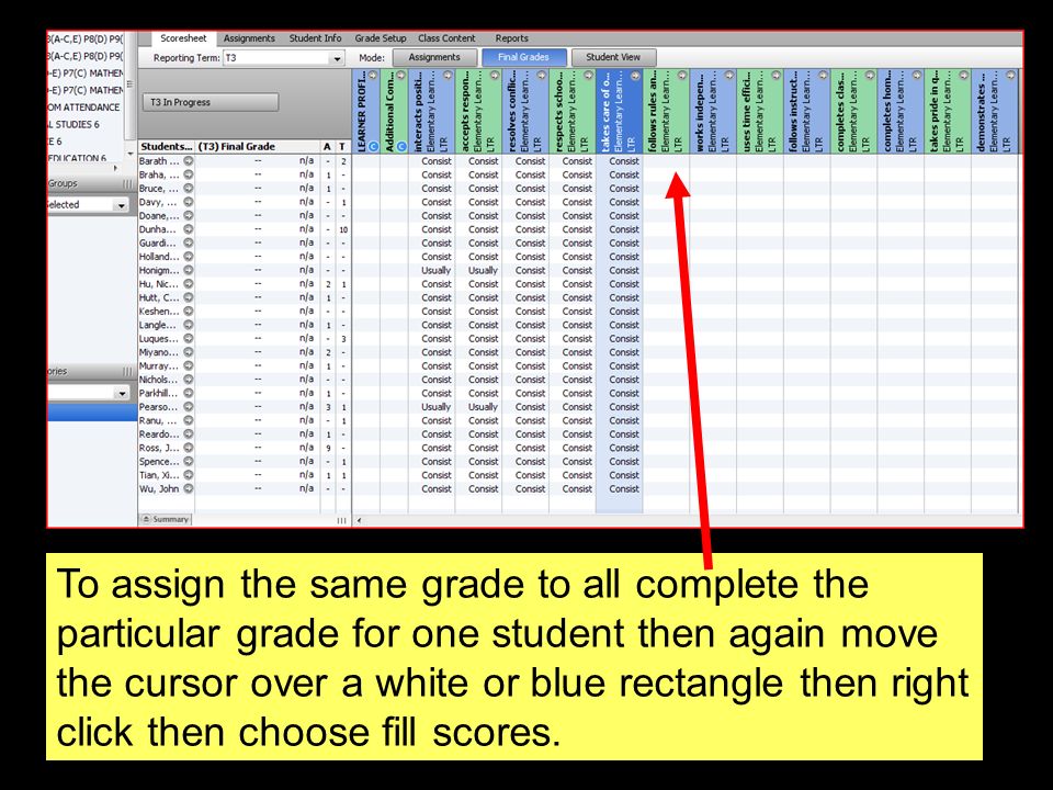 To assign the same grade to all complete the particular grade for one student then again move the cursor over a white or blue rectangle then right click then choose fill scores.